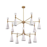 Luxury living room featuring a 12-light cone chandelier with white shades and brushed brass finish above the seating area