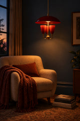 Customizable Madrid dome chandelier in red enamel and brass with three lights and dramatic architectural silhouette