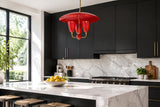 Mid century inspired brass chandelier with bold red enamel finish, wide shallow dome and three lower cup shades
