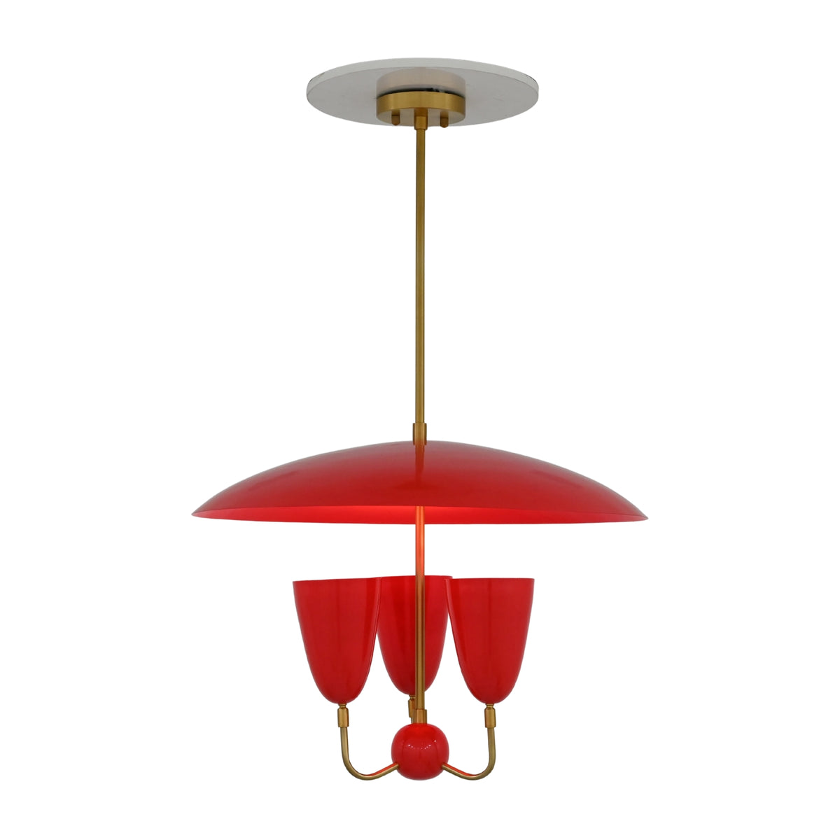 Illuminated Madrid chandelier with red enamel dome, brass suspension rod and warm three light glow