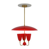 Illuminated Madrid chandelier with red enamel dome, brass suspension rod and warm three light glow