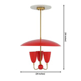 Madrid red enamel brass chandelier with three lights, wide dome shade, curved brass arms and sculptural ceiling design