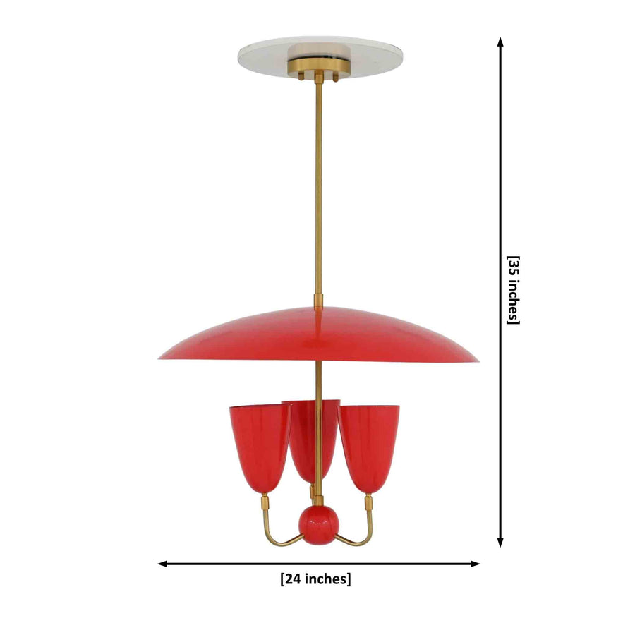 Three light red dome chandelier in full brass construction with enamel painted shades and decorative center ball