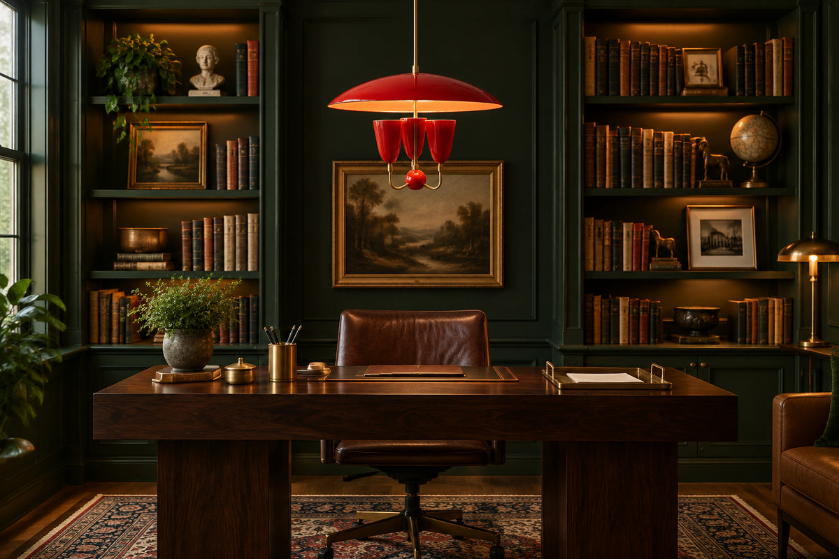 Statement ceiling light with red enamel dome, brass details and three curved arms for dining or living interiors
