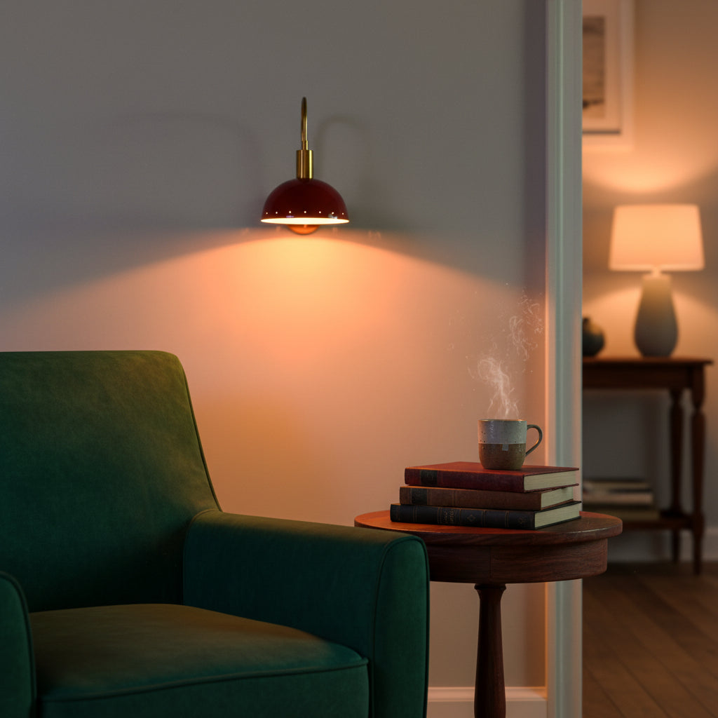 Mallorca 8 inch bowl shade wall sconce with brass structure, red enamel shade, and compact 13 inch total height