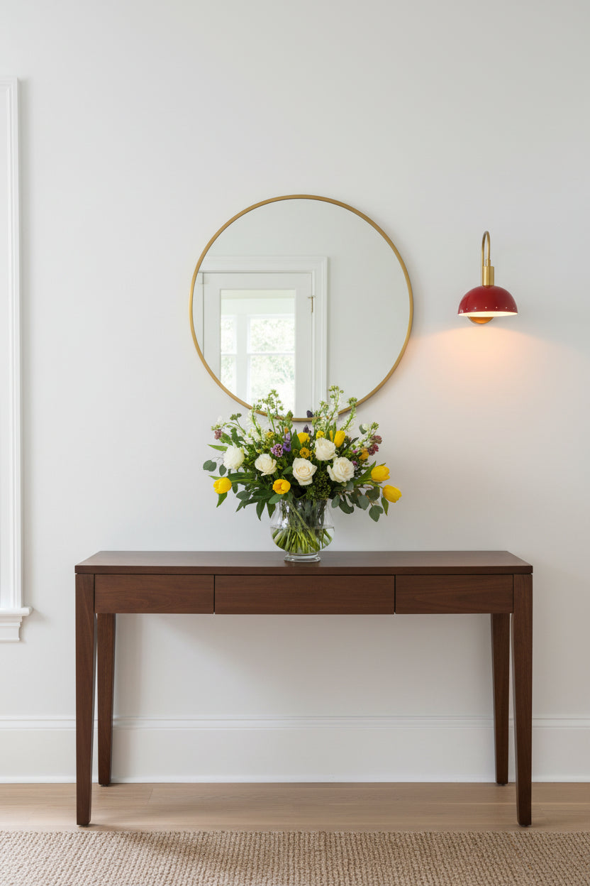Mallorca single-light bedroom wall sconce with red bowl-shaped shade and elegant brass wall-mounted design