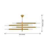44 inch linear brass chandelier with layered tubular arms and sculptural architectural profile