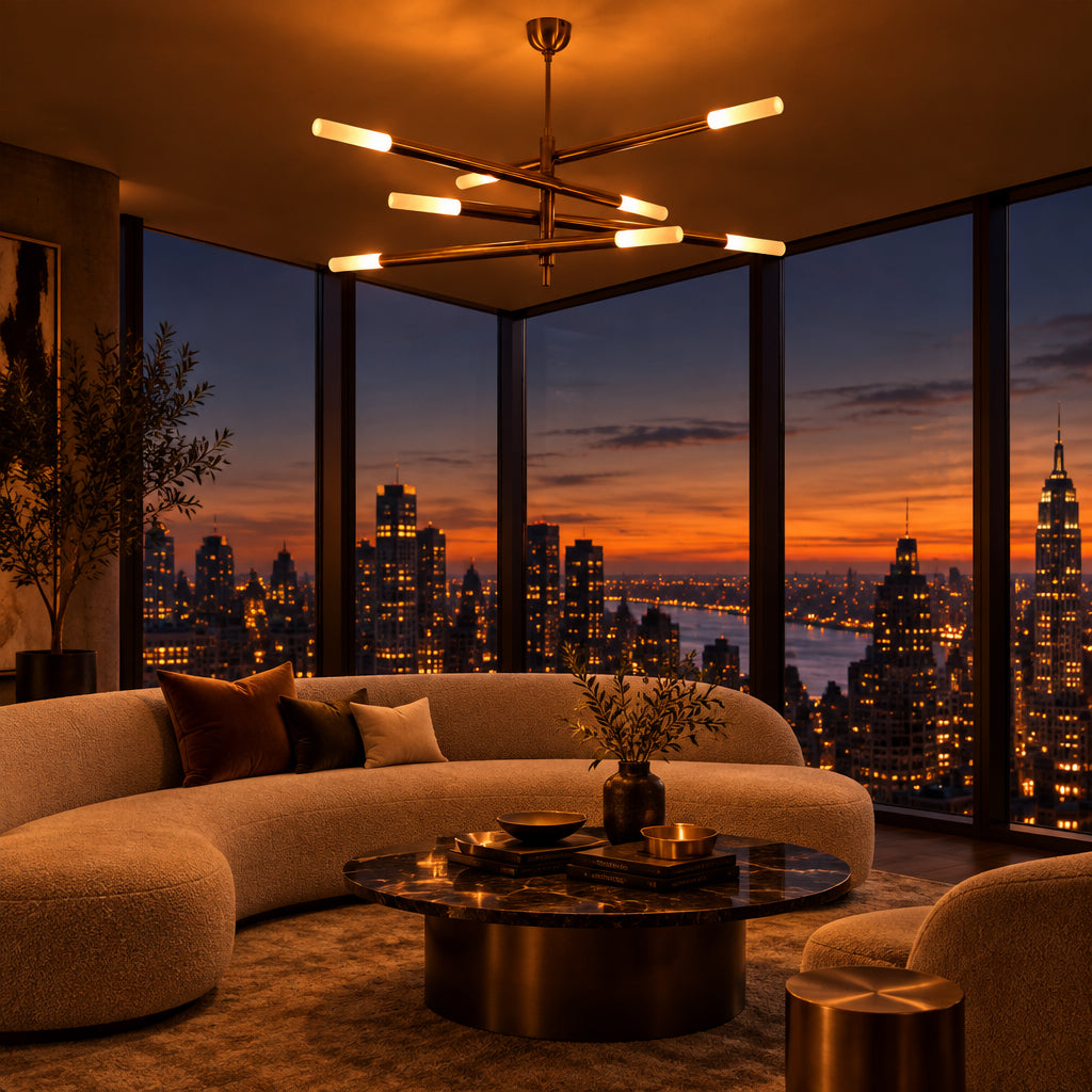 Modern linear ceiling light in raw brass with four horizontal arms and eight glowing light ends