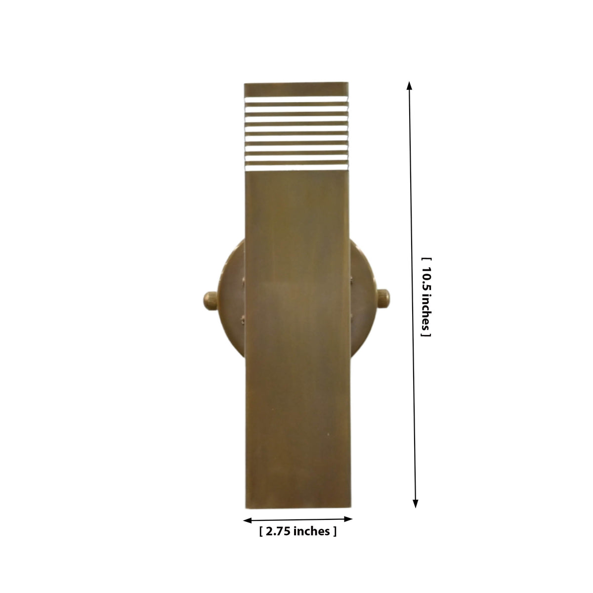 Marbella rectangular brass tube wall sconce with vertical solid brass body, brass patina finish, and warm up-down wall glow