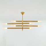 Close view of Marbella chandelier highlighting solid brass construction, tubular arms and central stem