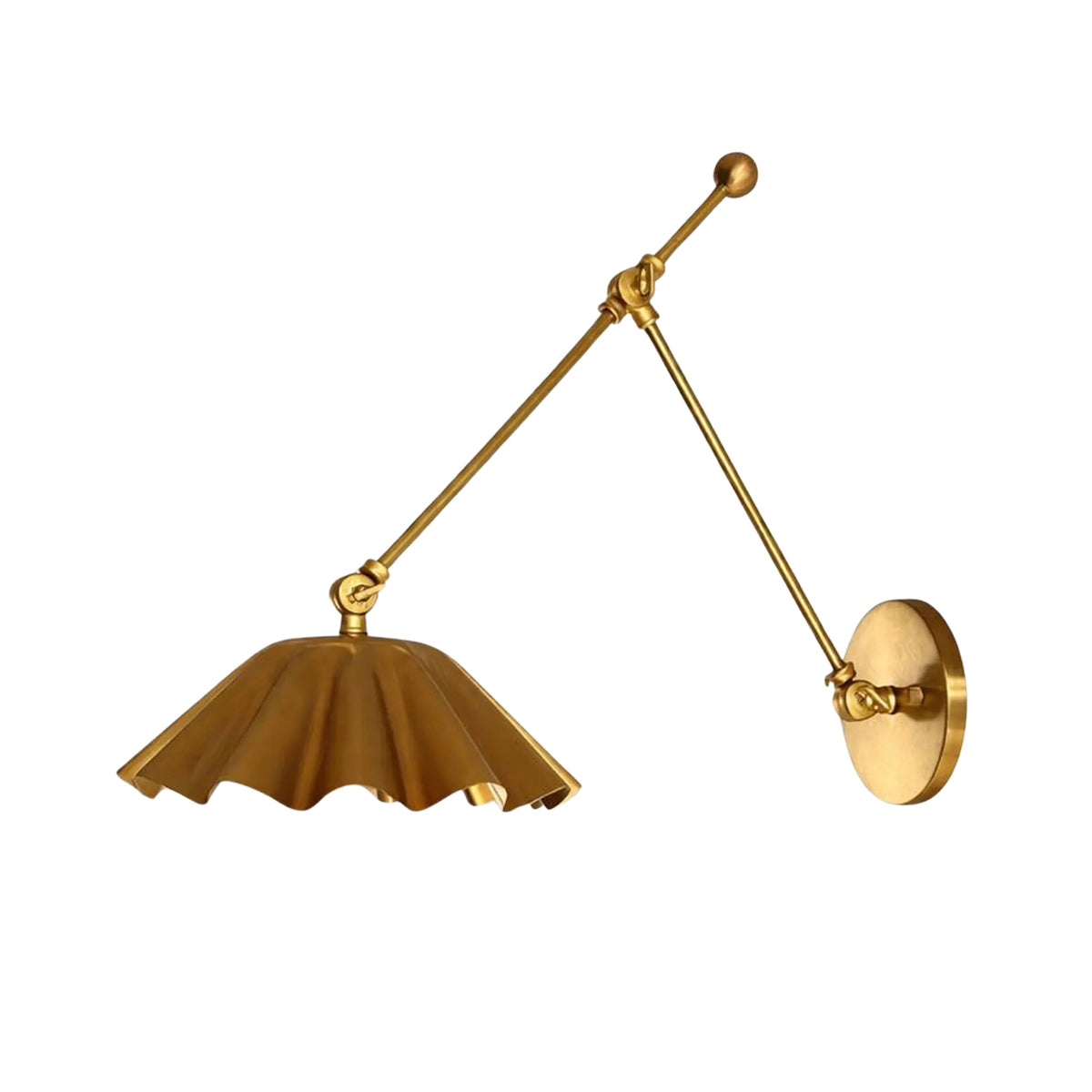 Marlow Pleated Brass Swing Arm Wall Sconce with adjustable articulated arm and scalloped shade, Model 32817