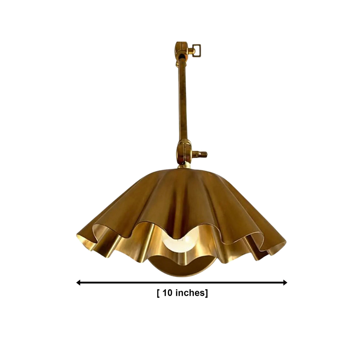 Marlow Pleated Brass Swing Arm Wall Sconce dimensions showing 10 inch scalloped shade, Model 32817