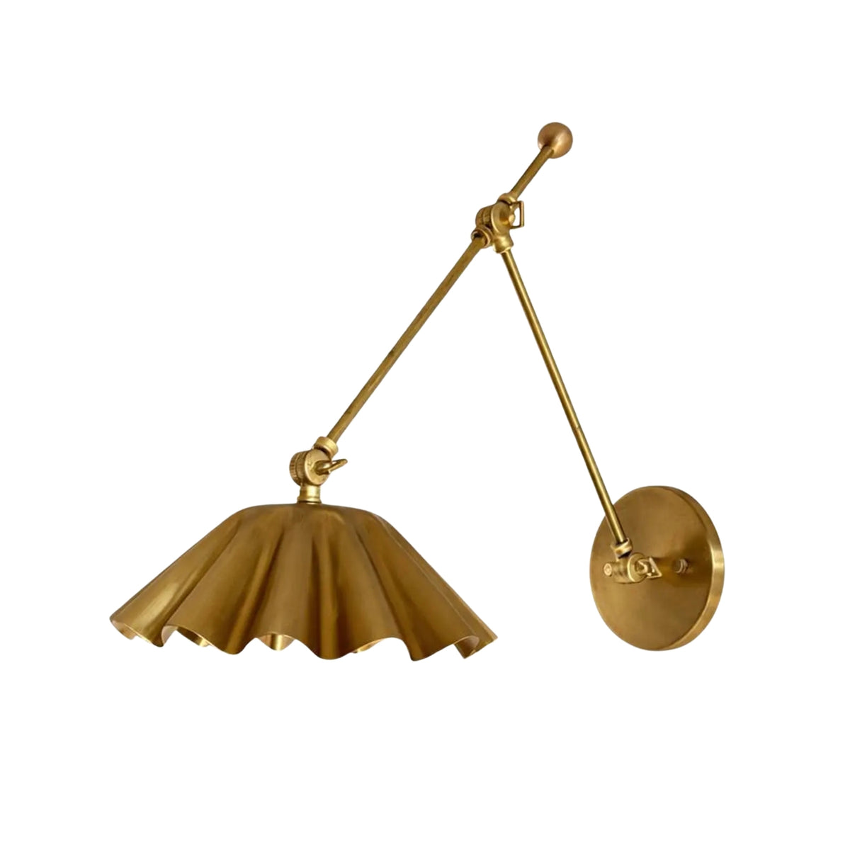 Marlow Pleated Brass Swing Arm Wall Sconce shown from side angle with round wall canopy, Model 32817
