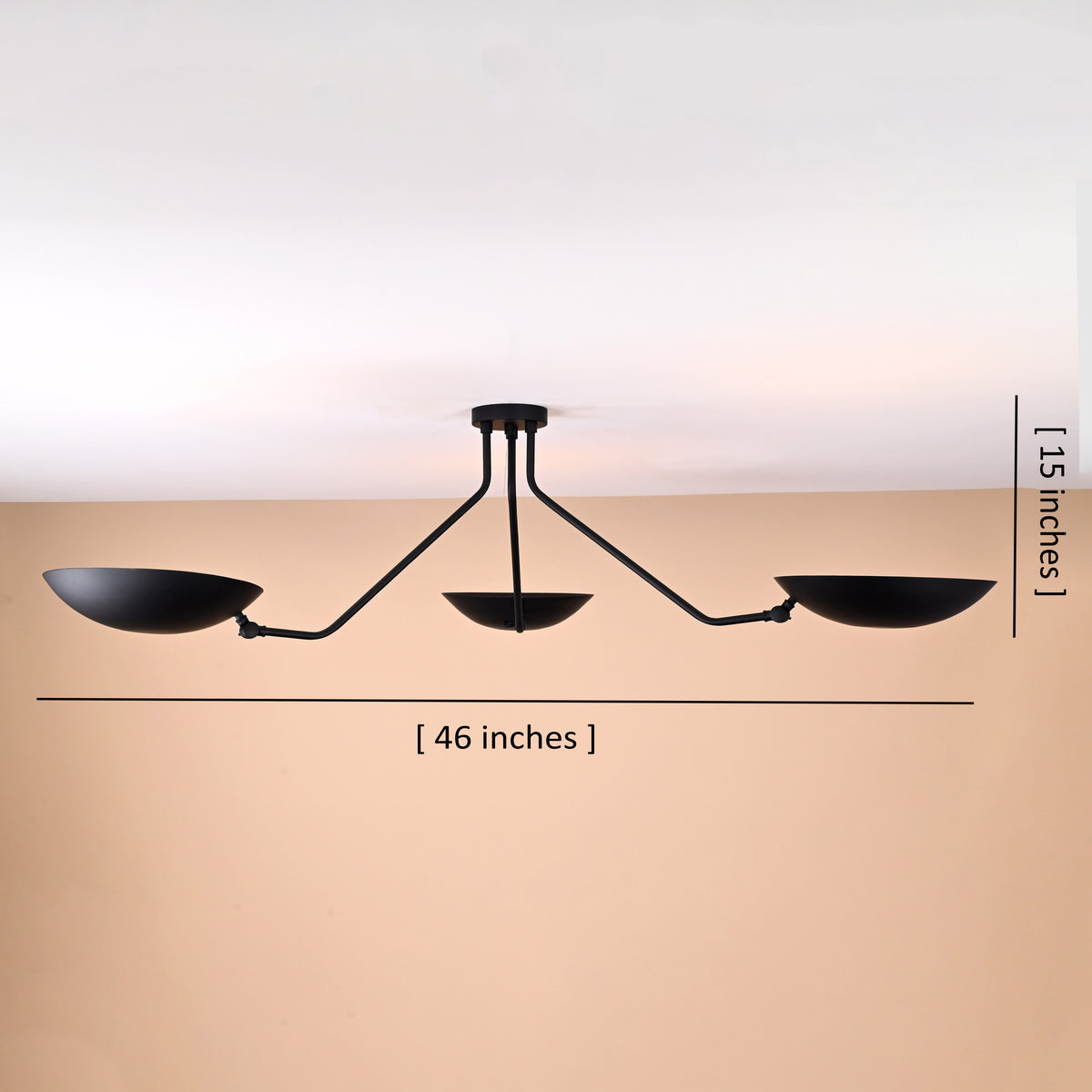 Matte black 3-light brass ceiling light with 46-inch width and 15-inch height handcrafted by Brass Leaf Studio