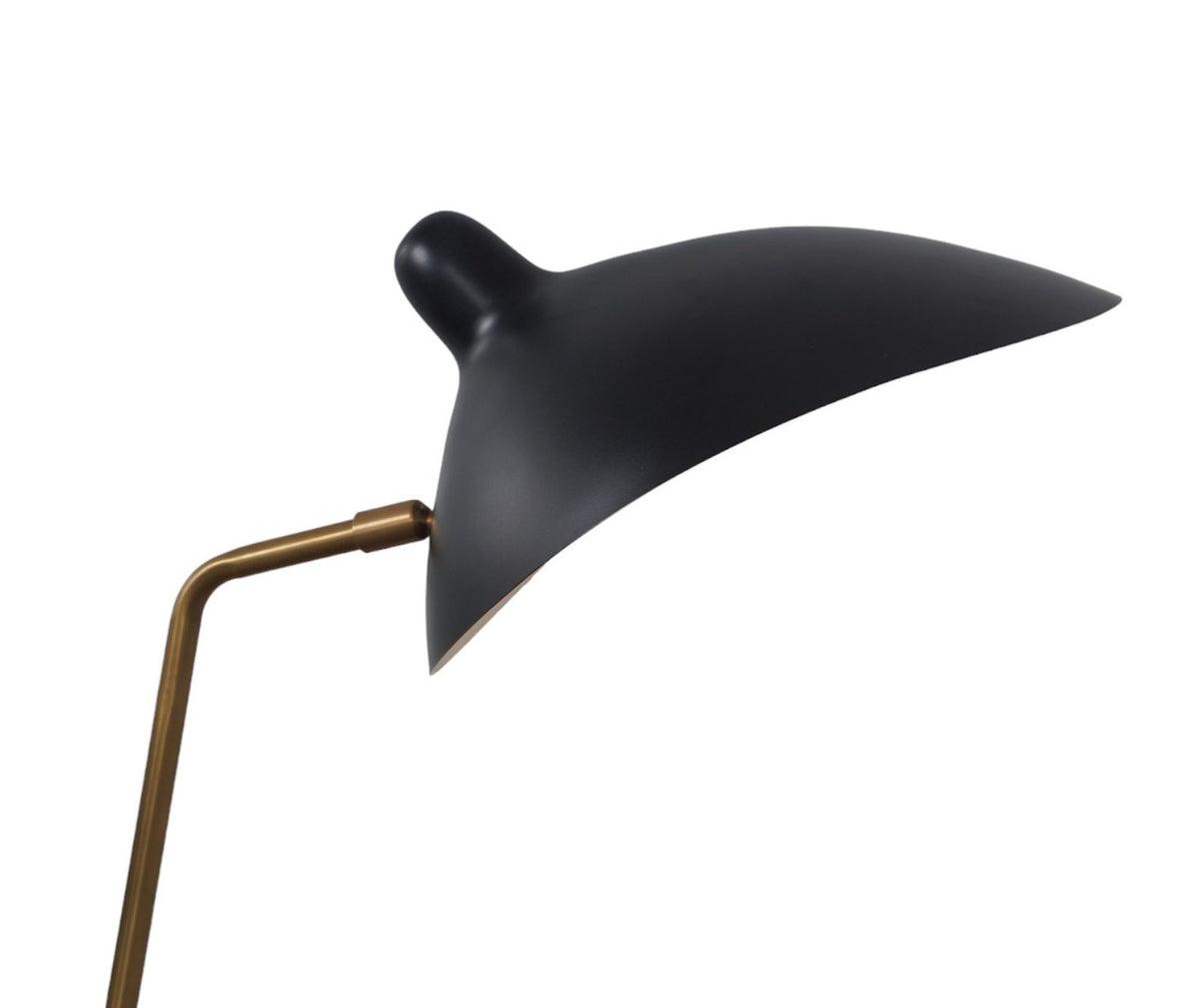Close-up of matte black brass lamp shade showing handcrafted detailing and brushed brass arm