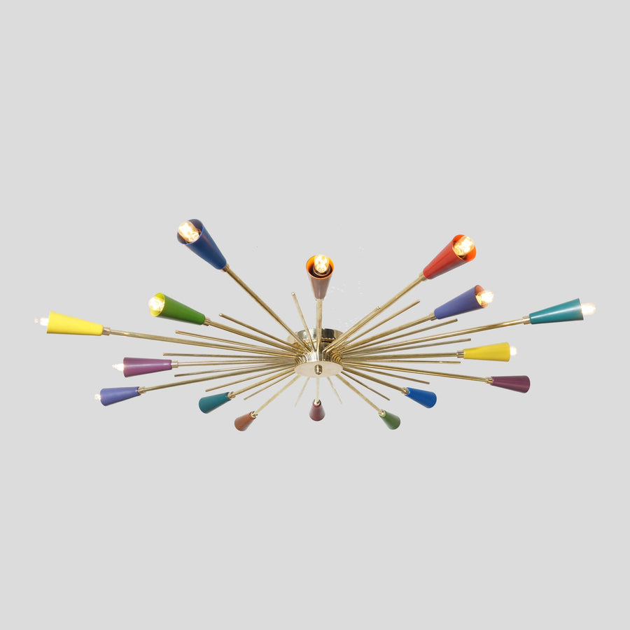 16-light mid-century brass Sputnik chandelier with colorful cone shades handcrafted by Brass Leaf Studio