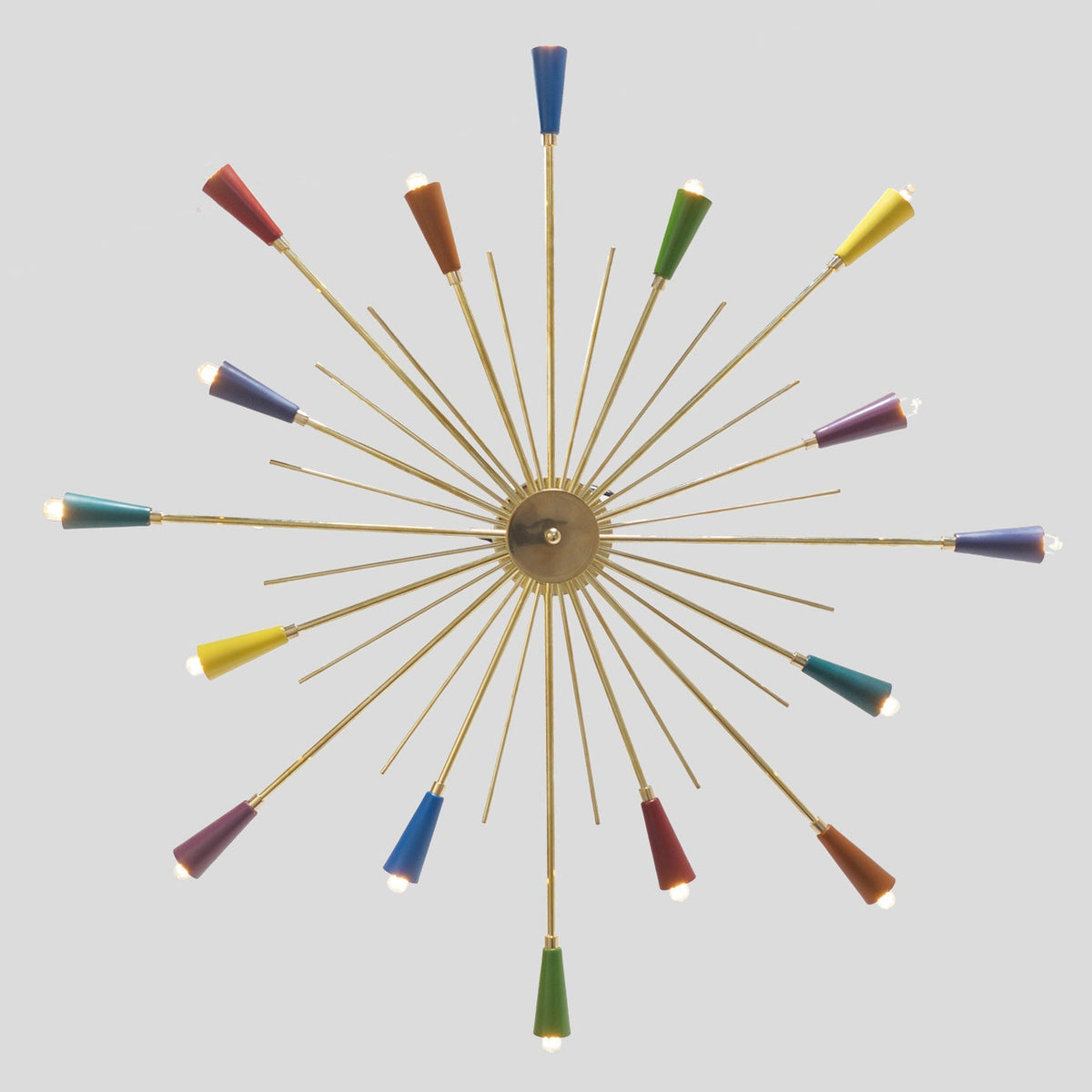 Top view of 16-light colorful brass Sputnik chandelier showing vibrant cone shades in red, yellow, green, and blue