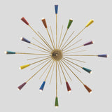 Top view of 16-light colorful brass Sputnik chandelier showing vibrant cone shades in red, yellow, green, and blue