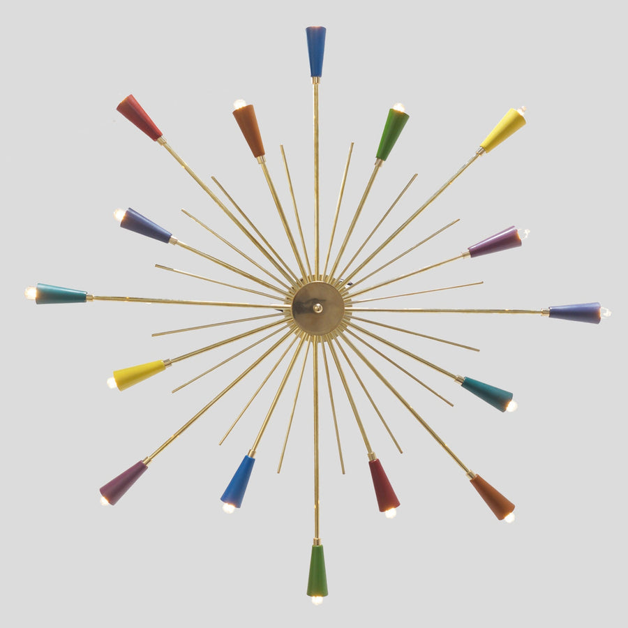 16-light mid-century brass Sputnik chandelier with colorful cone shades handcrafted by Brass Leaf Studio