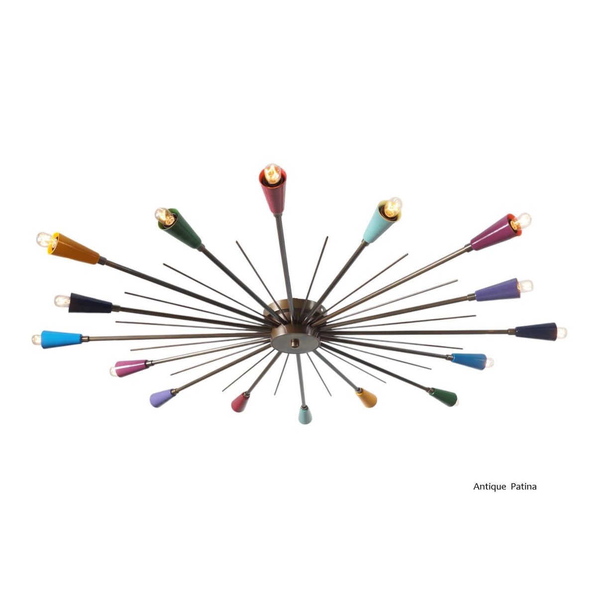 Antique patina finish 16-light brass Sputnik chandelier with colorful painted cone light heads