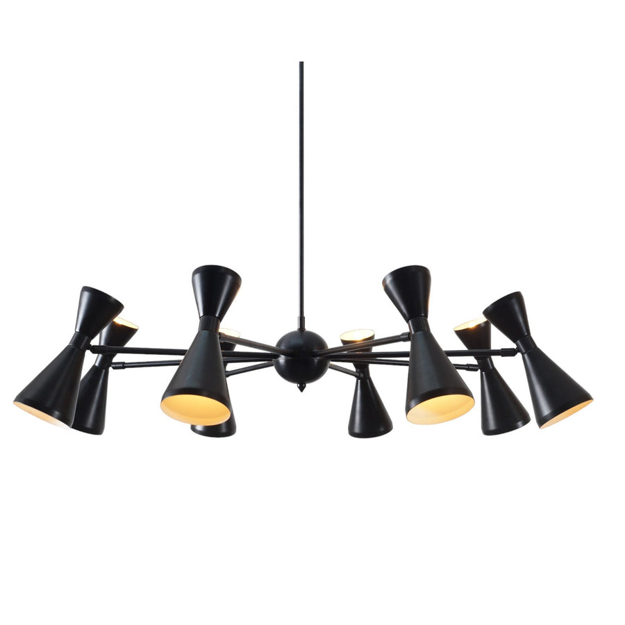 Handcrafted 8-arm double cone brass chandelier in matte black finish with up and down lighting by Brass Leaf Studio