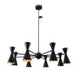 Mid-century modern 8-light chandelier featuring double cone shades and matte black brass frame