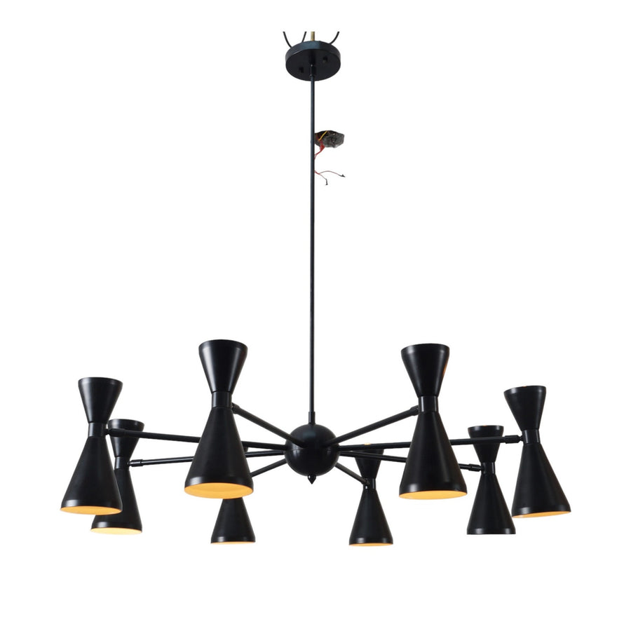 Handcrafted 8-arm double cone brass chandelier in matte black finish with up and down lighting by Brass Leaf Studio