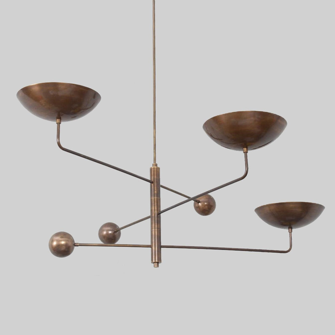 Handcrafted 3-light brass balance chandelier in antique bronze finish with sculpted bowl shades by Brass Leaf Studio