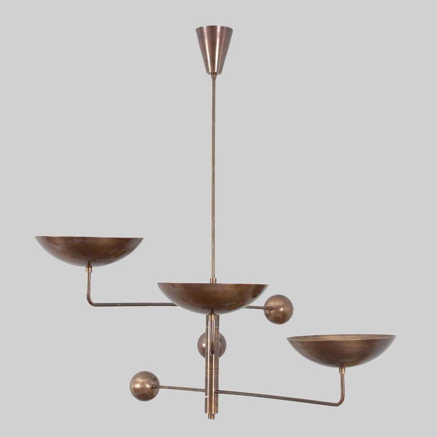 Handcrafted 3-light brass balance chandelier in antique bronze finish with sculpted bowl shades by Brass Leaf Studio