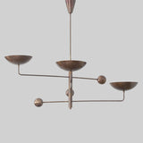 Artistic geometric 3-arm chandelier in handcrafted solid brass with warm antique patina finish