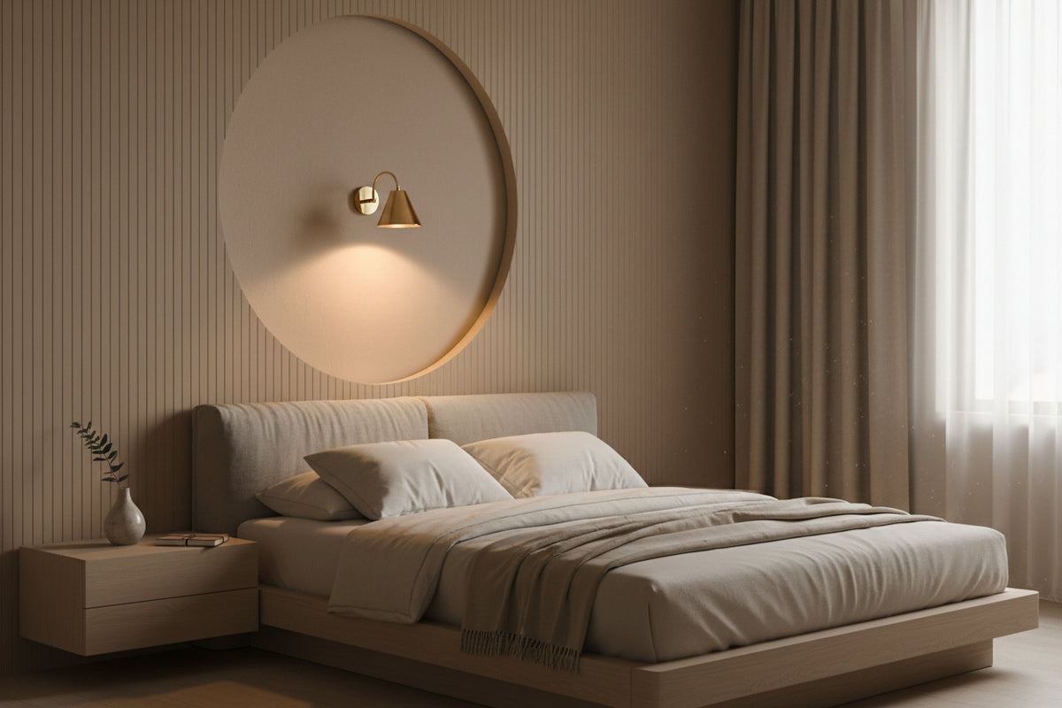 A minimalist wall sconce with a dark brown conical shade and a small green accent, mounted on a textured wall and casting a warm golden light into a large circular recess.