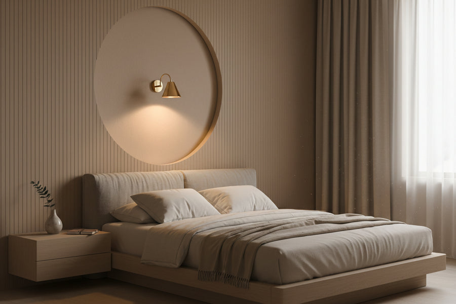 A minimalist wall sconce with a dark brown conical shade and a small green accent, mounted on a textured wall and casting a warm golden light into a large circular recess.