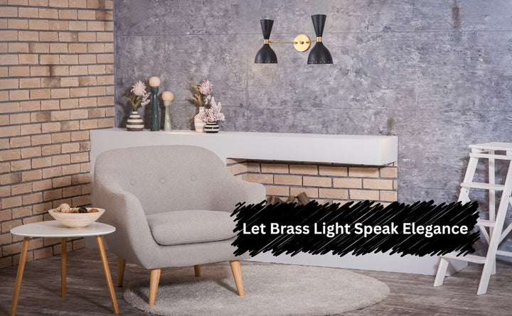 Mid-century double cone brass wall sconce styled in modern lounge with brick wall