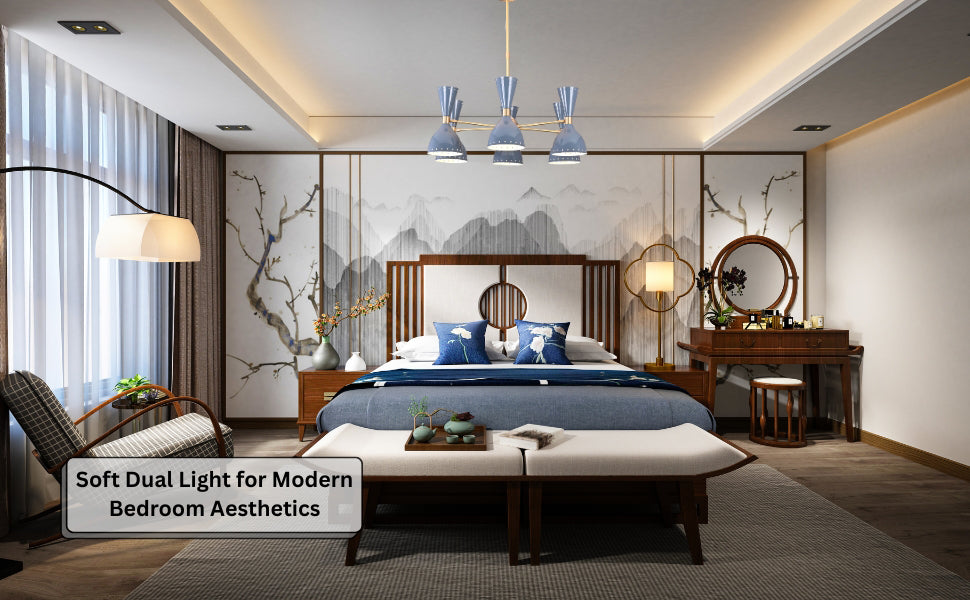 Mid-century modern dual-cone brass chandelier in a contemporary bedroom with soft lighting and blue accents.