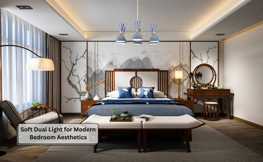 Mid-century modern dual-cone brass chandelier in a contemporary bedroom with soft lighting and blue accents.