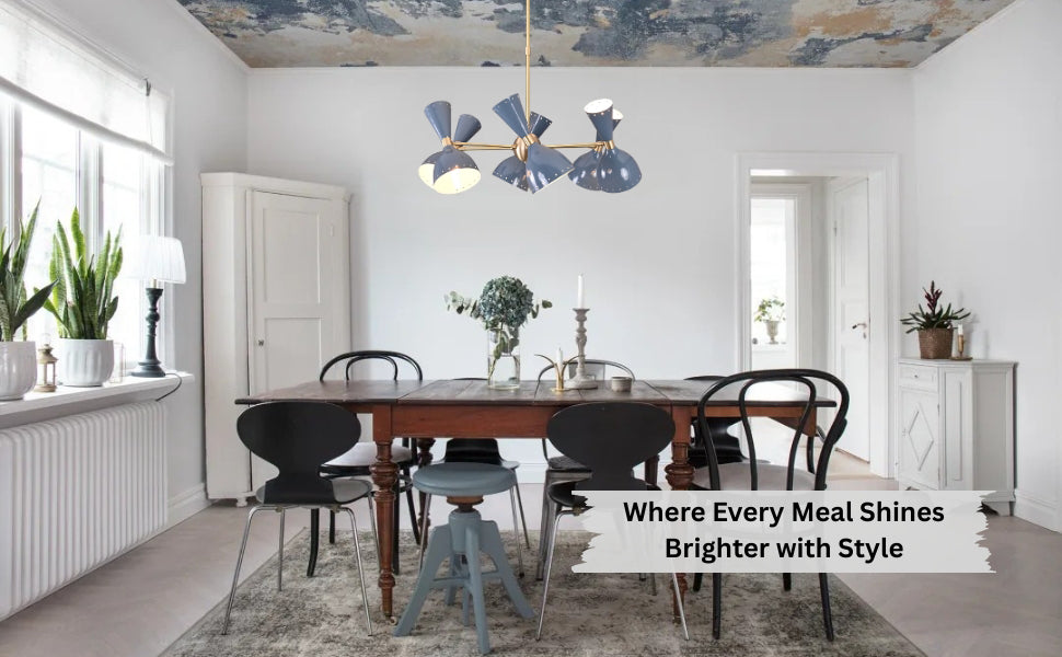 Elegant brass chandelier with dual-cone shades above a rustic wooden dining table.