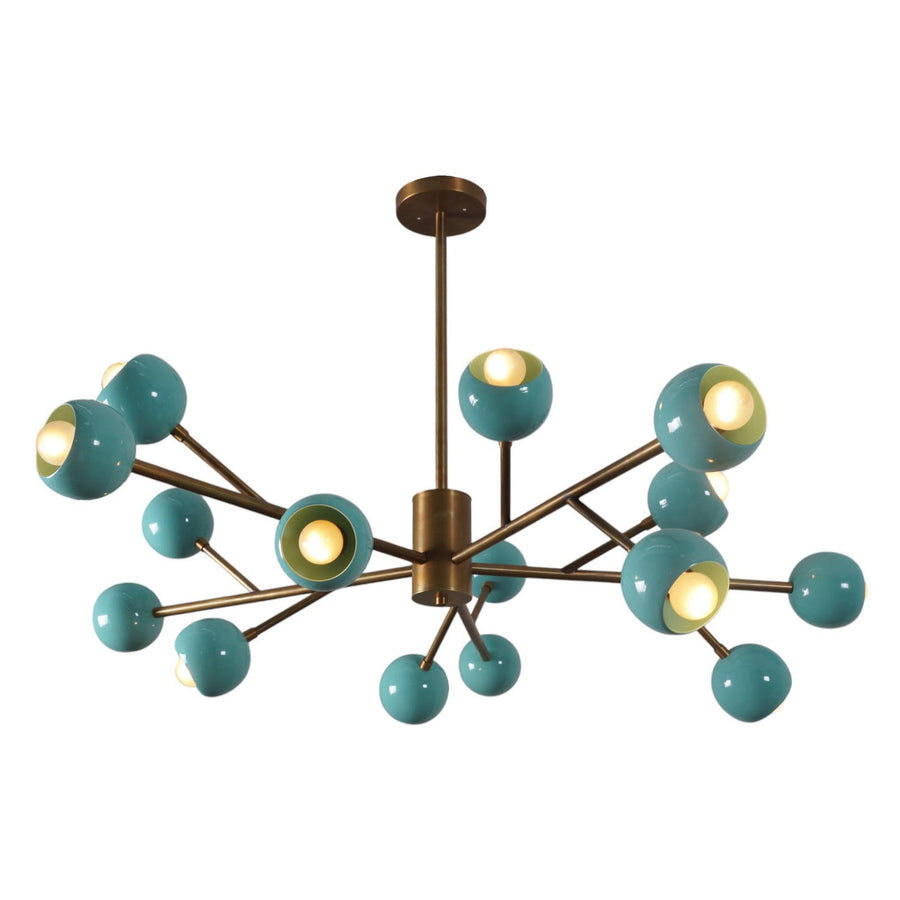 Mid-century brass chandelier with twelve aqua blue globes radiating from a central brass hub, creating a vibrant sputnik-inspired design.