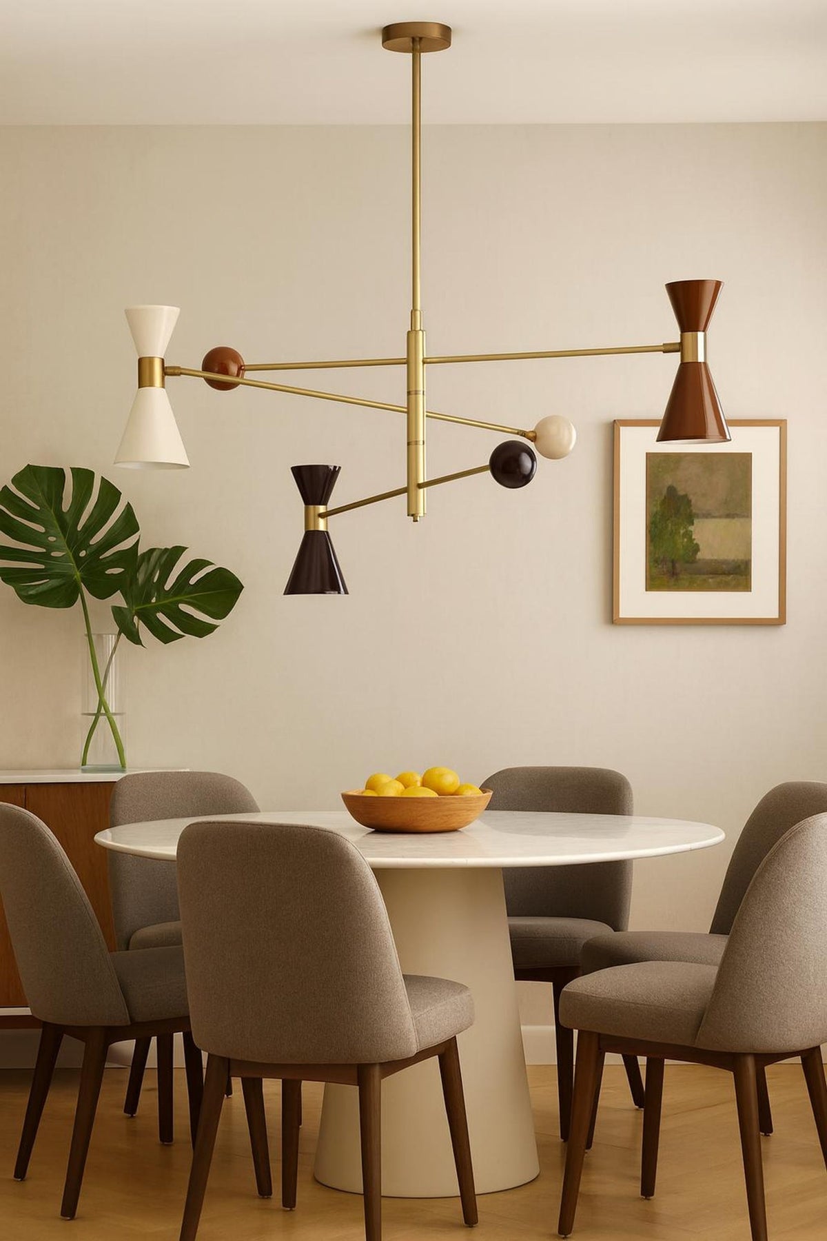 Mid-century brass 6-light diabolo chandelier suspended above dining table with minimalist interior styling