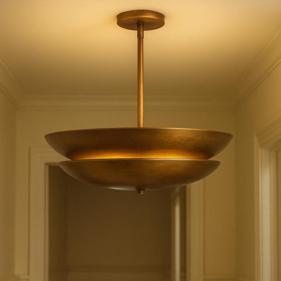 Mid-century modern 3-light disc style chandelier in brushed brass with layered bowl design and warm ambient glow