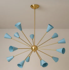 Mid-century modern brass Sputnik chandelier with blue cone shades and solid brass arms in a sculptural ceiling design