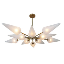 Mid-century cone glass brass chandelier featuring multiple frosted shades and modern brass arms, handcrafted by Brass Leaf Studio.