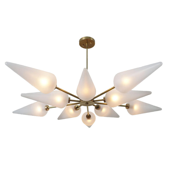 Mid-century cone glass brass chandelier featuring multiple frosted shades and modern brass arms, handcrafted by Brass Leaf Studio.