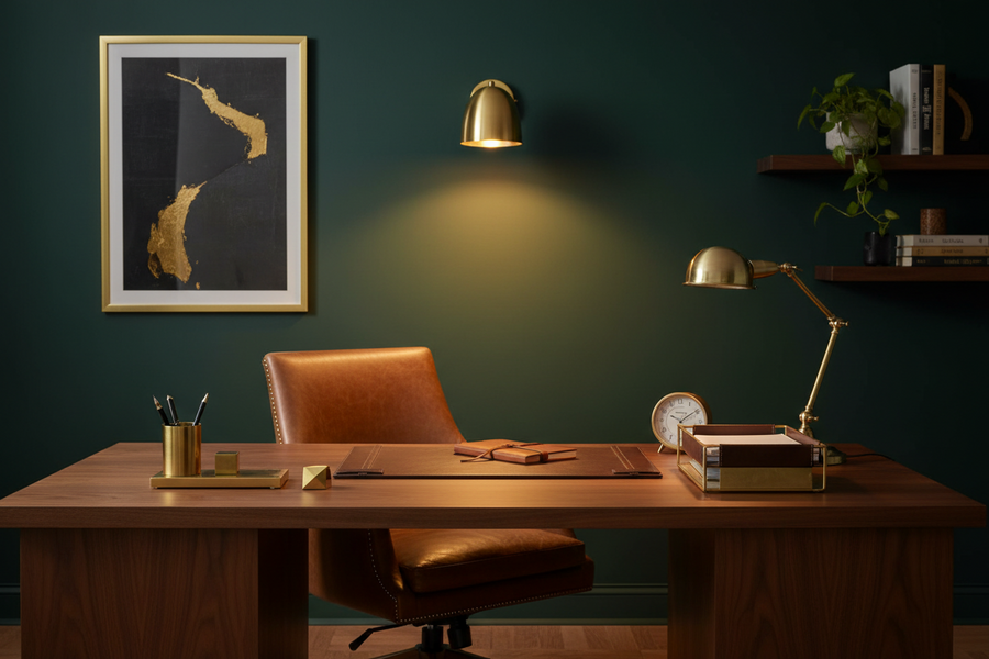 A dome-shaped wall sconce lamp with a dark metallic finish, glowing with a warm yellow light against a dark background.