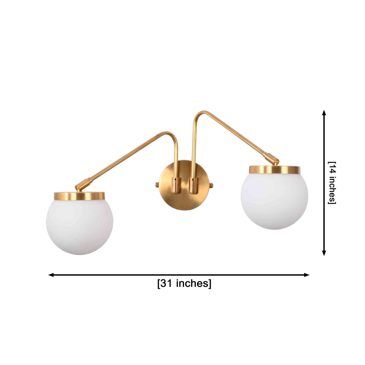 Mid century double globe wall light with sculptural arms for modern bedroom, bathroom, and hallway interiors