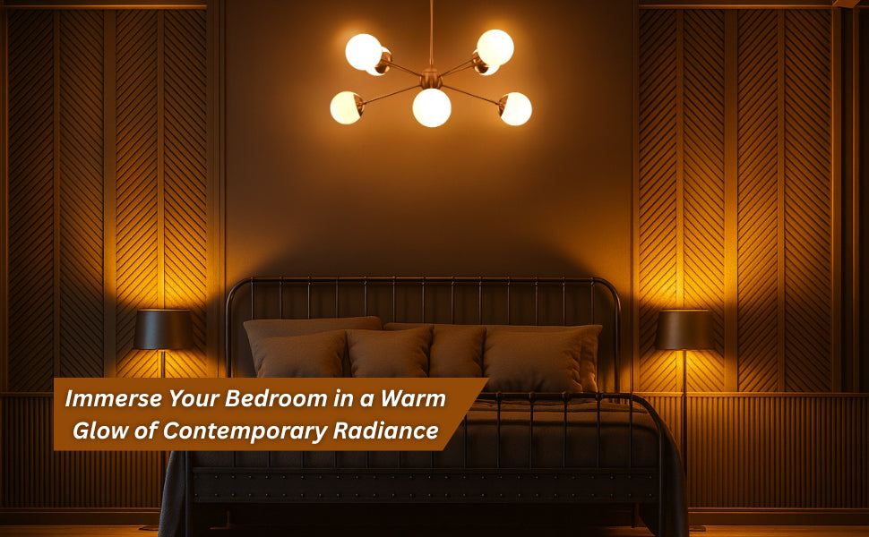 Mid-century modern globe chandelier casting a warm glow over a cozy bedroom with contemporary panel wall design.