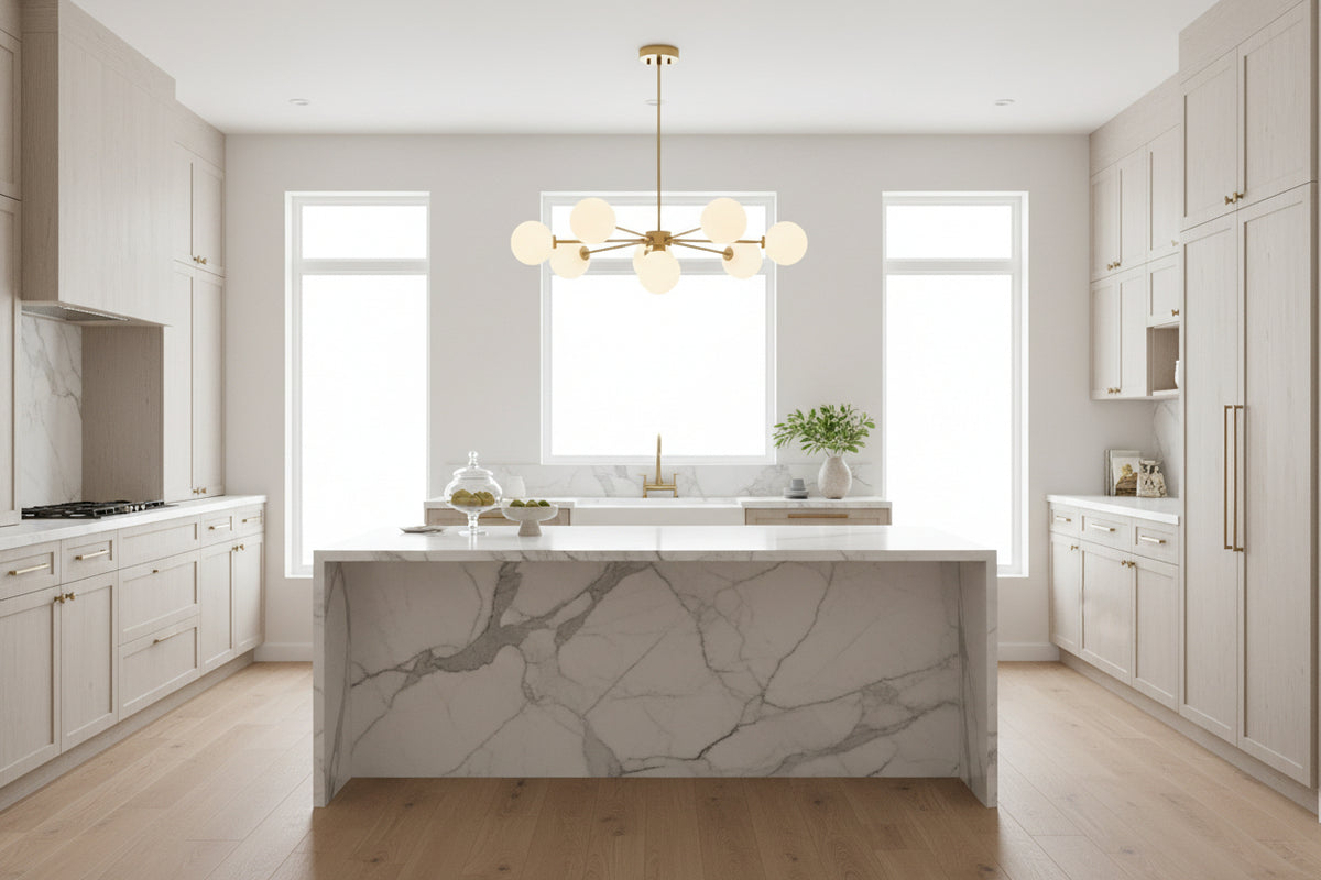 Mid-century style globe Sputnik chandelier with full brass structure and elegant frosted glass shades