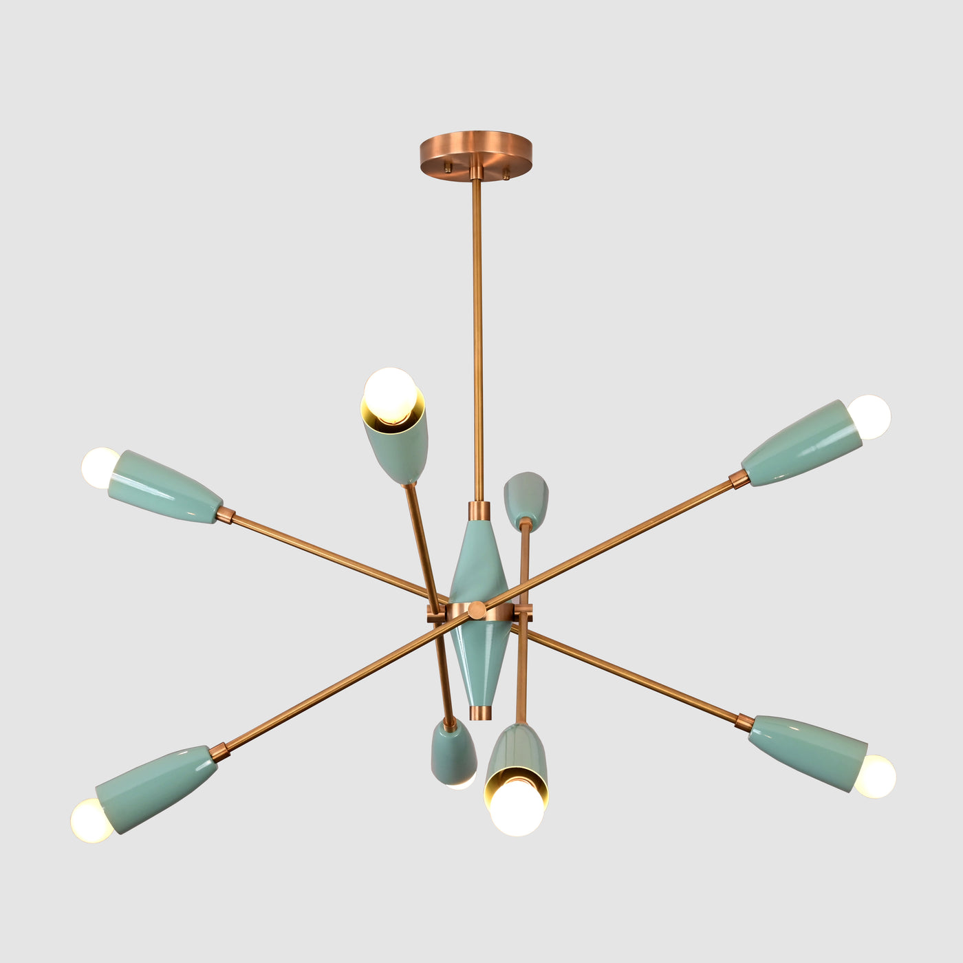 Mid-century modern Sputnik chandelier with 8 lights, brass frame, and teal cone shades