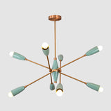 Mid-century modern Sputnik chandelier with 8 lights, brass frame, and teal cone shades