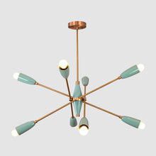 Mid-century modern Sputnik chandelier with 8 lights, brass frame, and teal cone shades