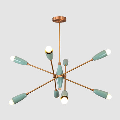 Mid-century modern Sputnik chandelier with 8 lights, brass frame, and teal cone shades